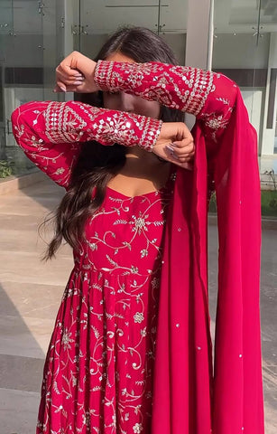 Wedding Wear Pink Color Faux Blooming With Heavy Sequins And Thread Embroidered Work Gown