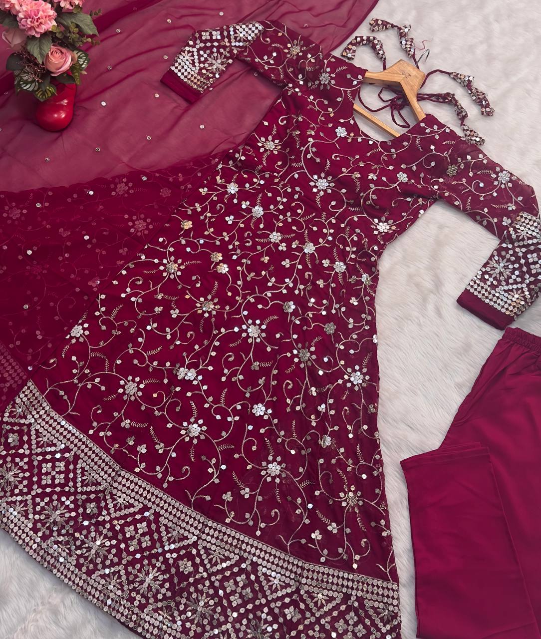 Wedding Wear Pink Color Faux Blooming With Heavy Sequins And Thread Embroidered Work Gown