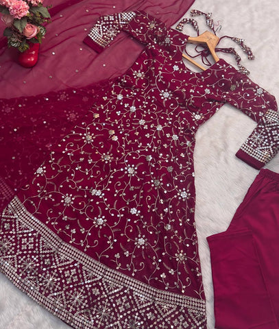 Wedding Wear Pink Color Faux Blooming With Heavy Sequins And Thread Embroidered Work Gown