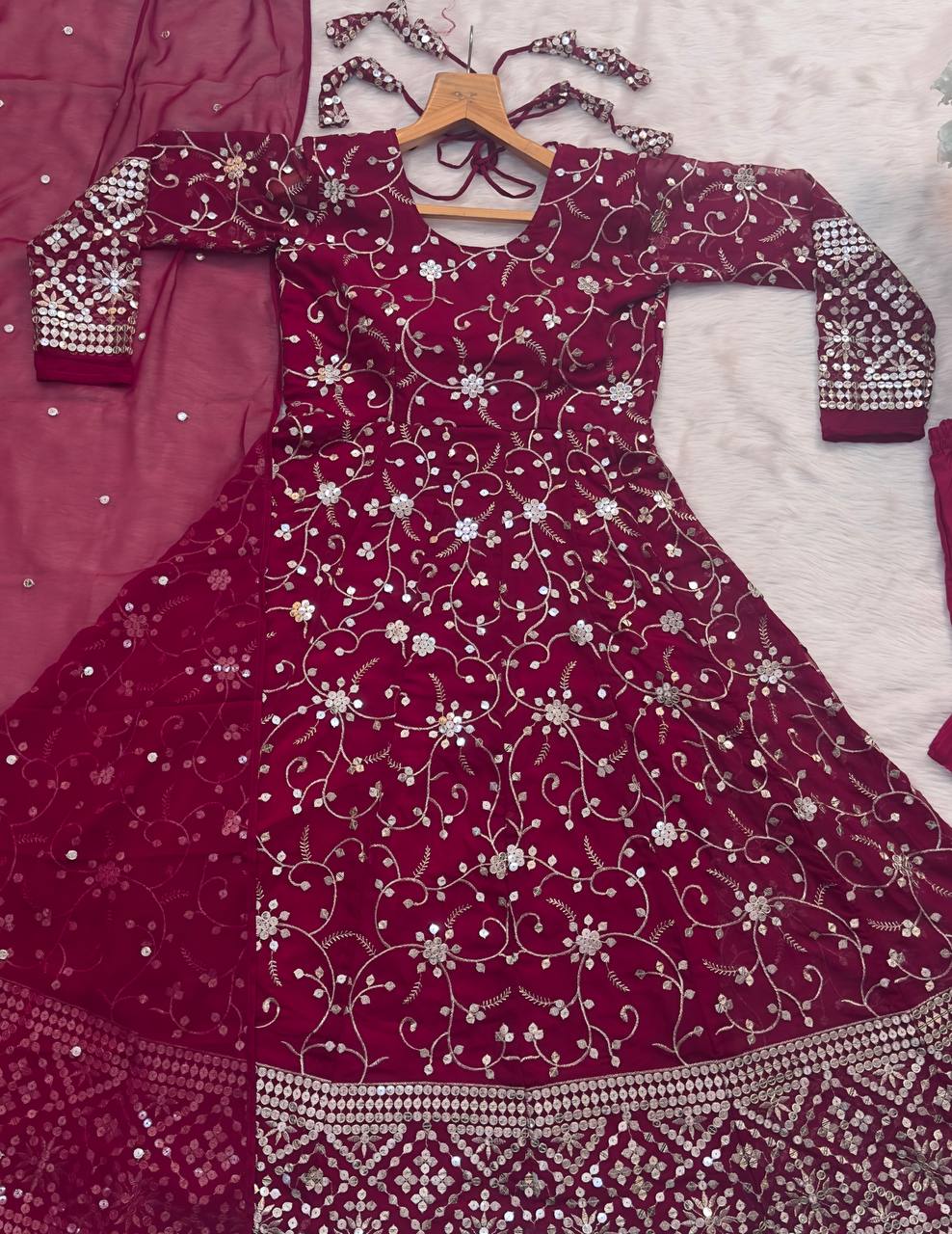 Wedding Wear Pink Color Faux Blooming With Heavy Sequins And Thread Embroidered Work Gown
