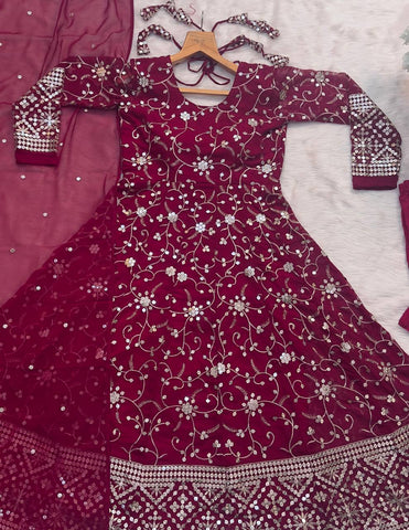 Wedding Wear Pink Color Faux Blooming With Heavy Sequins And Thread Embroidered Work Gown