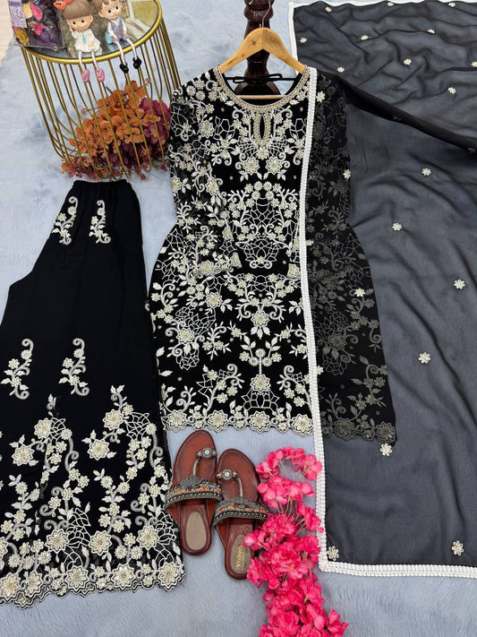 Stylish Black Color Heavy Faux Georgette With Heavy Embroidery Sequence Work Designer Palazzo Suit