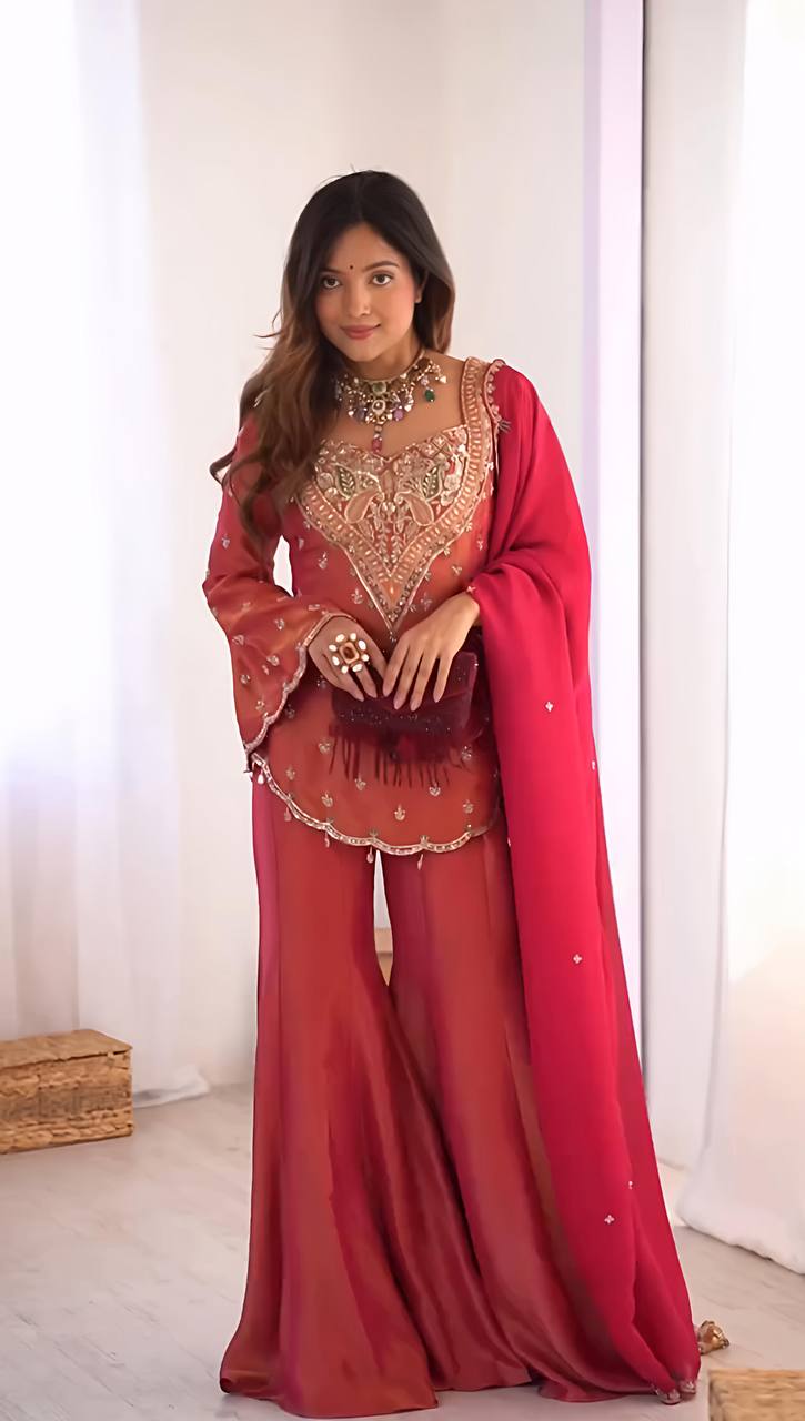 Party Wear Rose Pink Color Heavy Simar Silk With Embroidery Work Palazzo Suit