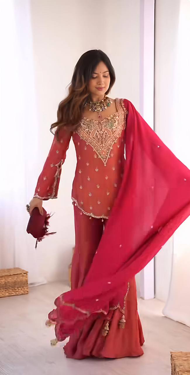 Party Wear Rose Pink Color Heavy Simar Silk With Embroidery Work Palazzo Suit