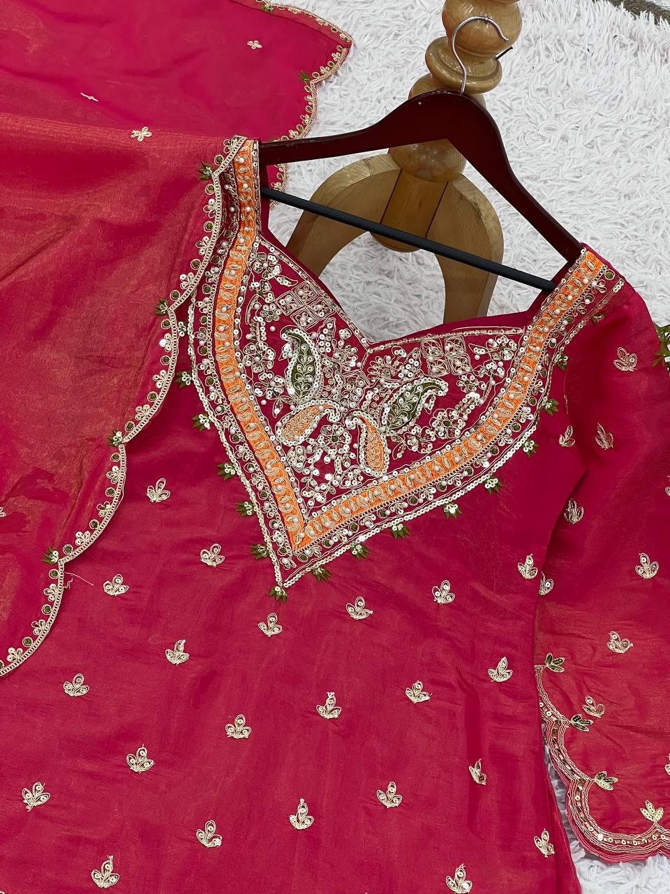 Party Wear Rose Pink Color Heavy Simar Silk With Embroidery Work Palazzo Suit