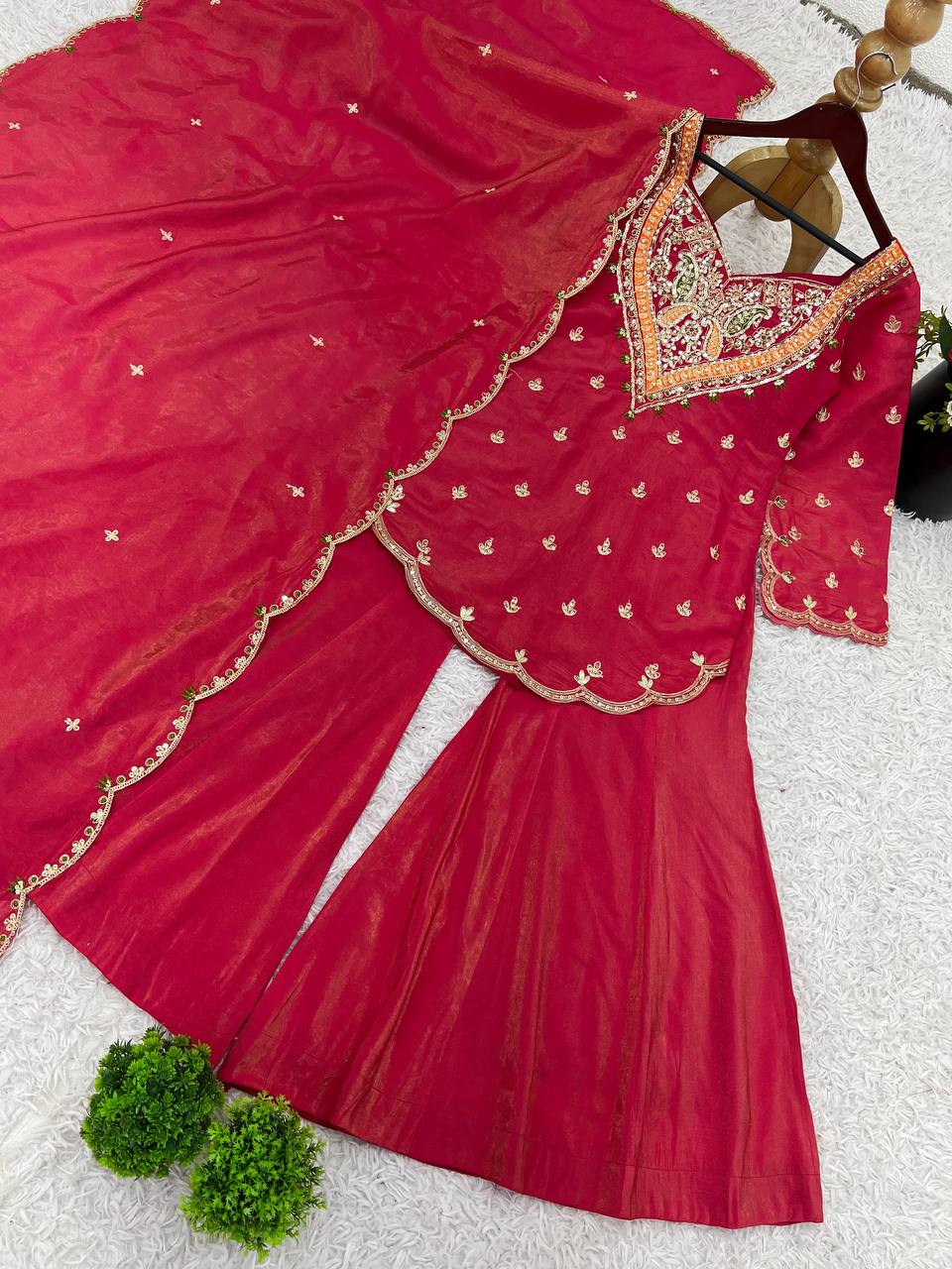 Party Wear Rose Pink Color Heavy Simar Silk With Embroidery Work Palazzo Suit