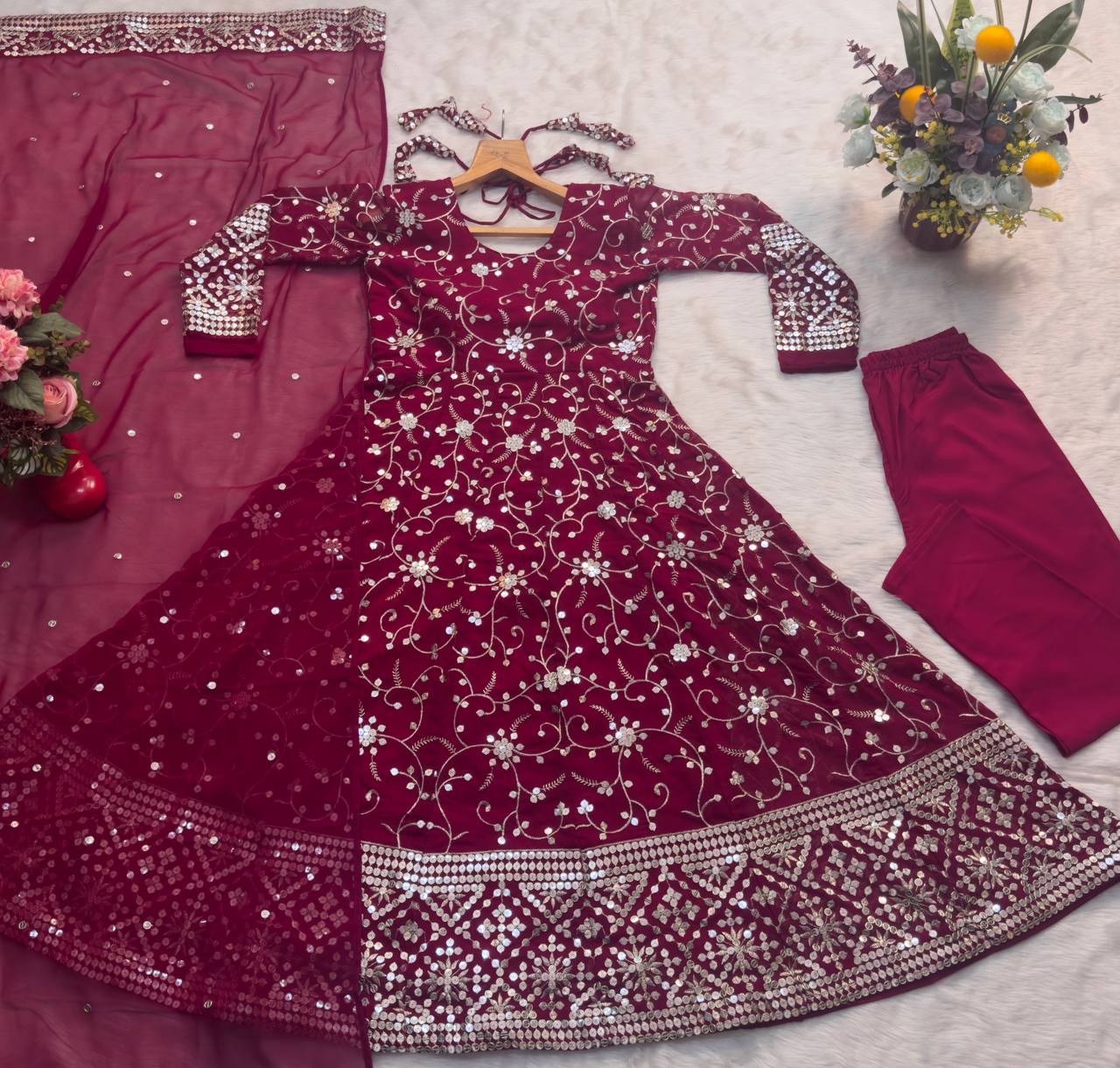 Wedding Wear Pink Color Faux Blooming With Heavy Sequins And Thread Embroidered Work Gown