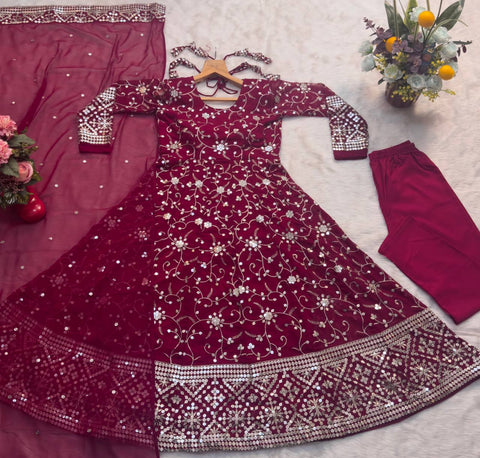 Wedding Wear Pink Color Faux Blooming With Heavy Sequins And Thread Embroidered Work Gown
