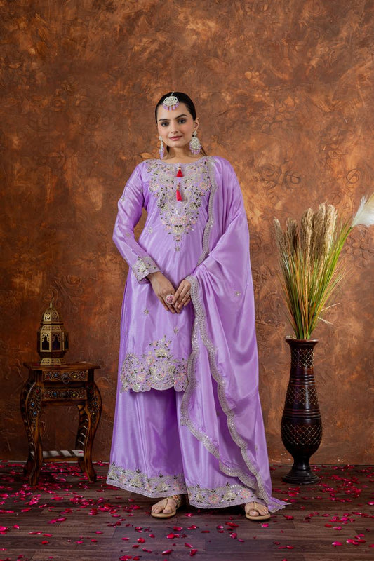 Party Wear Lavender Color Heavy Chinon Silk With Embroidery Sequence And Coding Dori Work Palazzo Suit