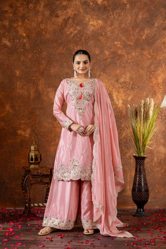 Party Wear Peach Color Heavy Chinon Silk With Embroidery Sequence And Coding Dori Work Palazzo Suit