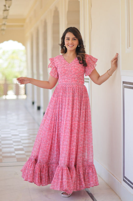 Presenting Baby Pink Color Faux Georgette With Printed Beautiful Gown