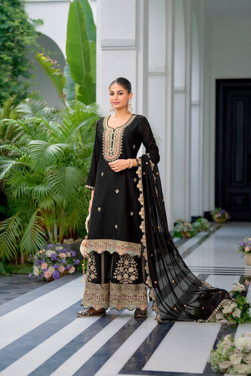 Festive Wear Black Color Heavy Chinon Silk With Malty Thread Embroidery Sequence Work Sharara Suit