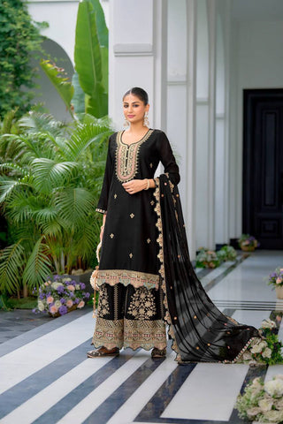 Festive Wear Black Color Heavy Chinon Silk With Malty Thread Embroidery Sequence Work Sharara Suit