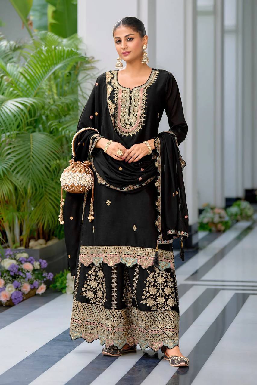 Festive Wear Black Color Heavy Chinon Silk With Malty Thread Embroidery Sequence Work Sharara Suit