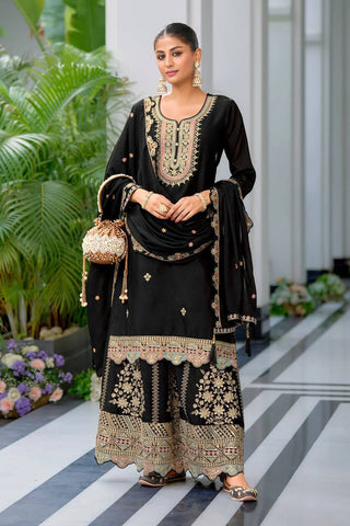 Festive Wear Black Color Heavy Chinon Silk With Malty Thread Embroidery Sequence Work Sharara Suit