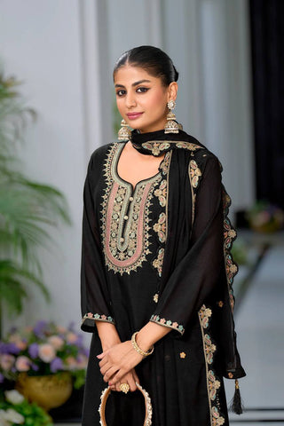 Festive Wear Black Color Heavy Chinon Silk With Malty Thread Embroidery Sequence Work Sharara Suit