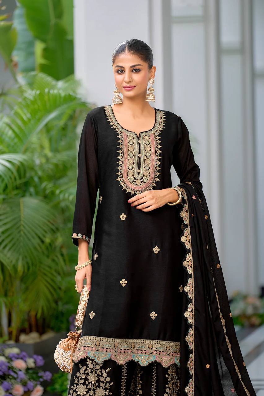 Festive Wear Black Color Heavy Chinon Silk With Malty Thread Embroidery Sequence Work Sharara Suit