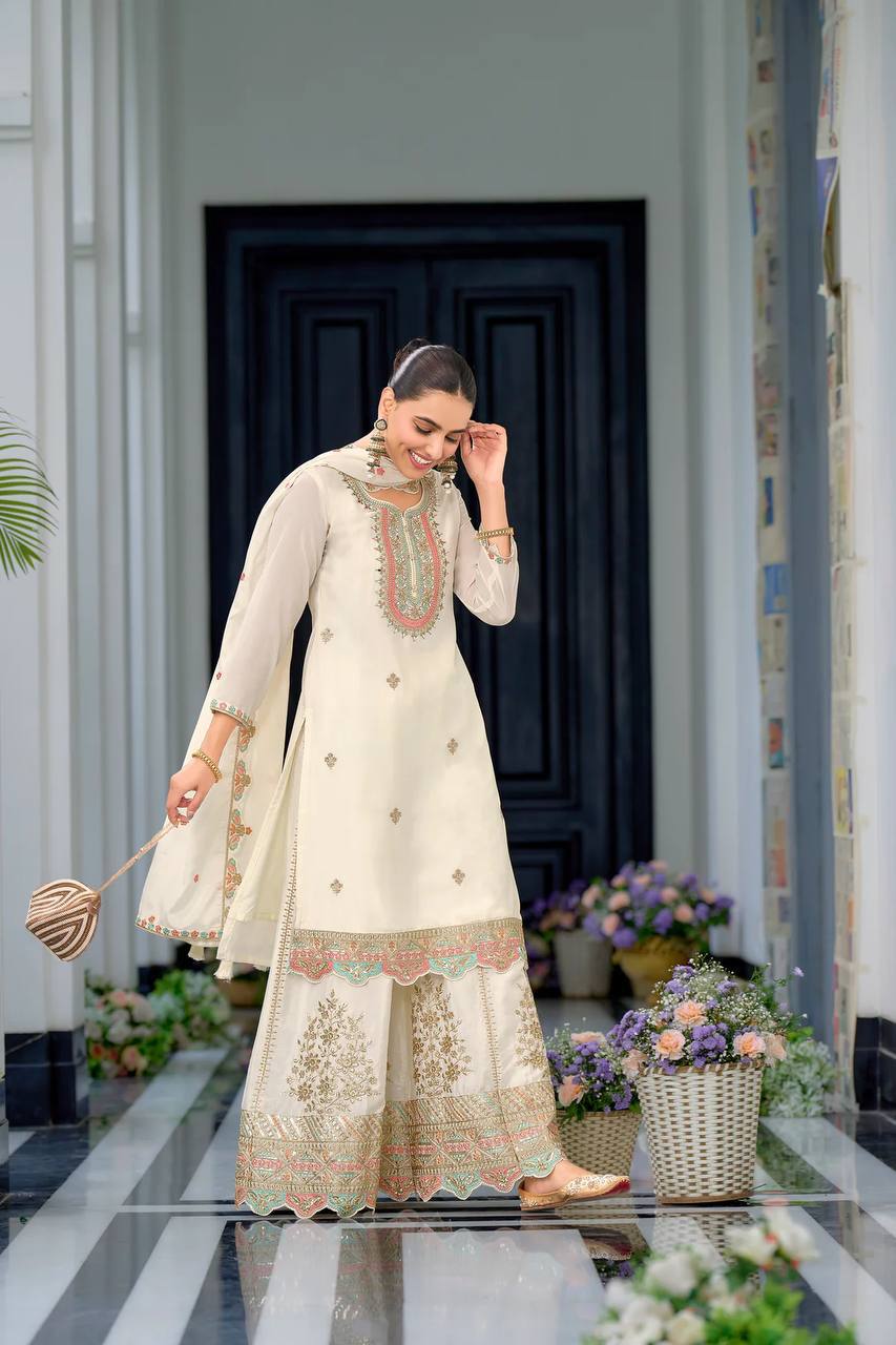 Festive Wear White Color Heavy Chinon Silk With Malty Thread Embroidery Sequence Work Sharara Suit