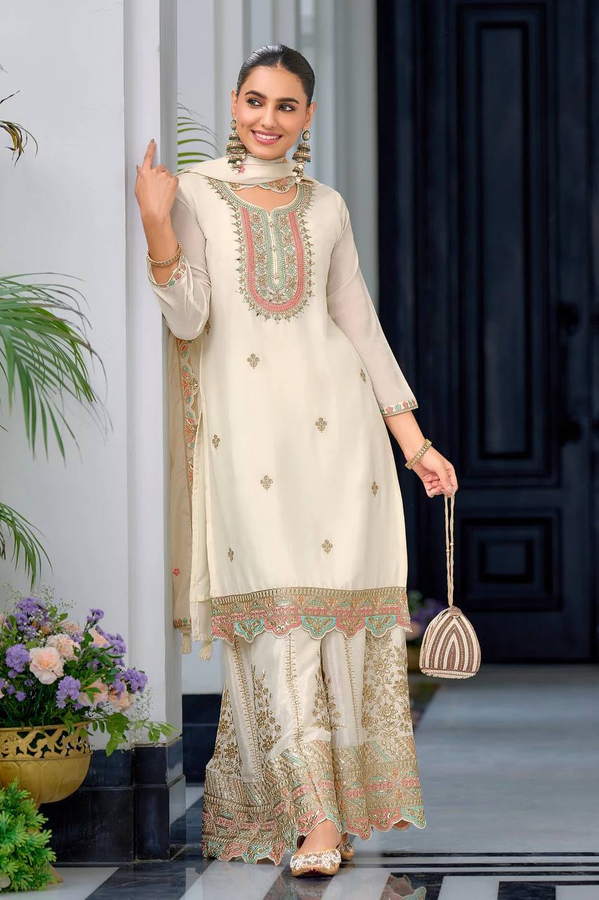 Festive Wear White Color Heavy Chinon Silk With Malty Thread Embroidery Sequence Work Sharara Suit