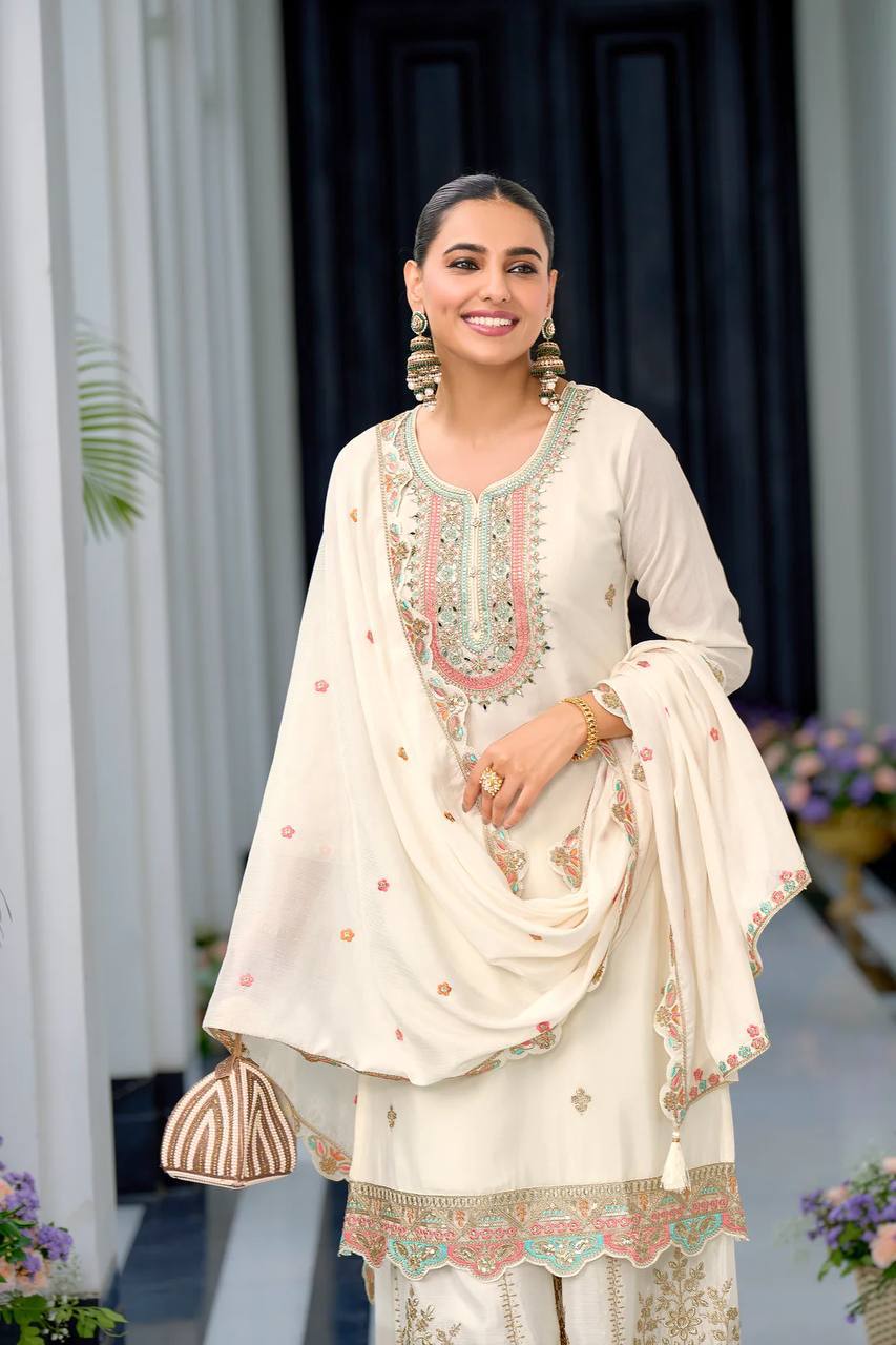 Festive Wear White Color Heavy Chinon Silk With Malty Thread Embroidery Sequence Work Sharara Suit