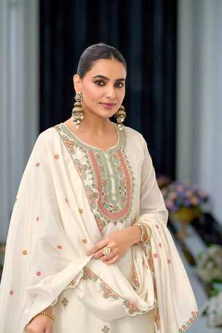 Festive Wear White Color Heavy Chinon Silk With Malty Thread Embroidery Sequence Work Sharara Suit
