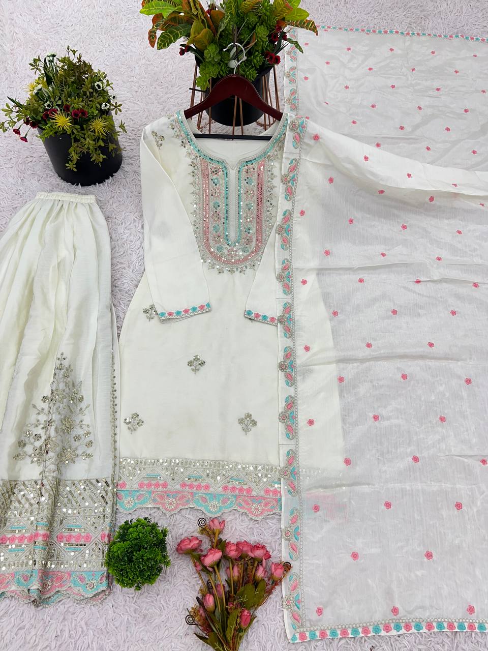 Festive Wear White Color Heavy Chinon Silk With Malty Thread Embroidery Sequence Work Sharara Suit
