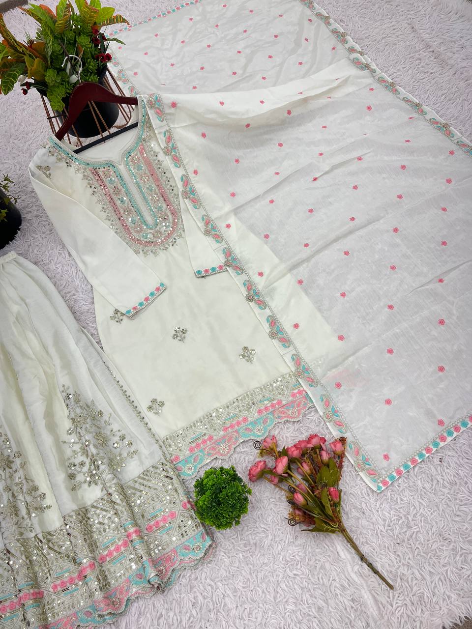 Festive Wear White Color Heavy Chinon Silk With Malty Thread Embroidery Sequence Work Sharara Suit