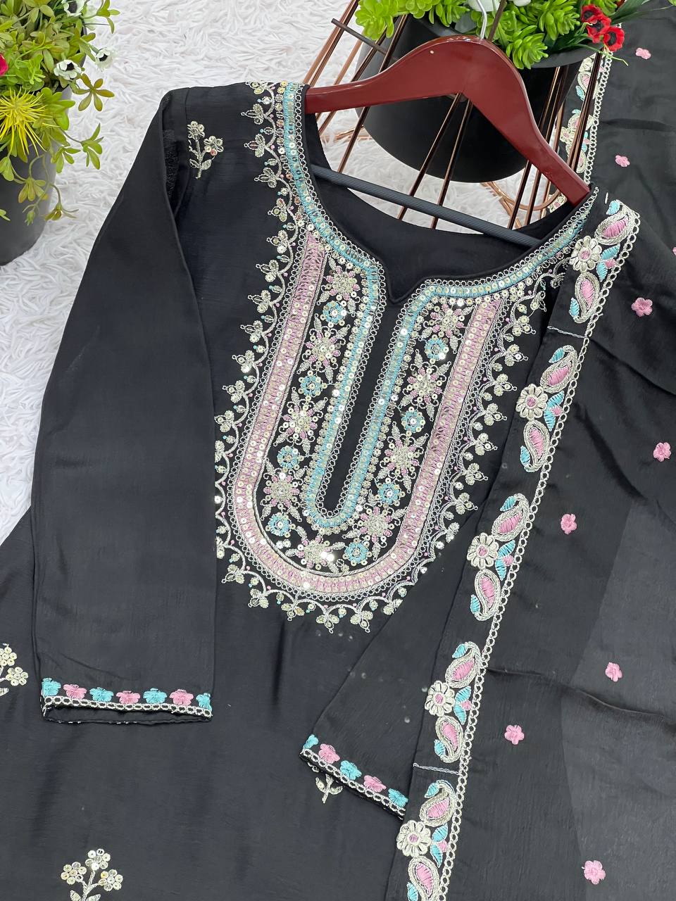 Festive Wear Black Color Heavy Chinon Silk With Malty Thread Embroidery Sequence Work Sharara Suit