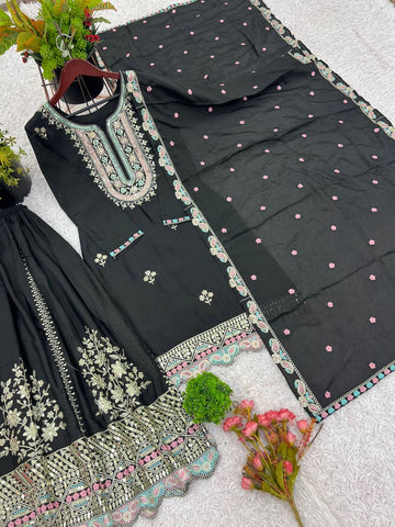 Festive Wear Black Color Heavy Chinon Silk With Malty Thread Embroidery Sequence Work Sharara Suit