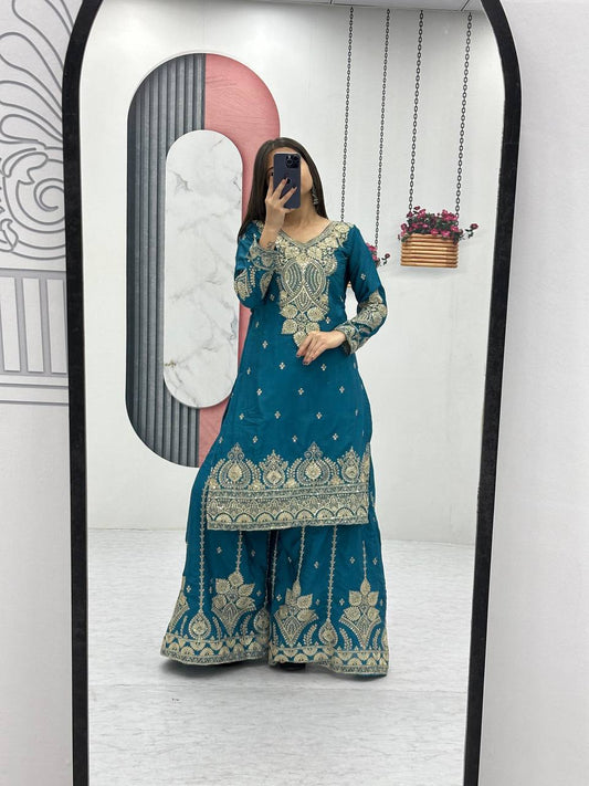 Occasion Wear Teal Color Chinon Heavy Embroidery Thread And Sequence WorkPalazzo Suit