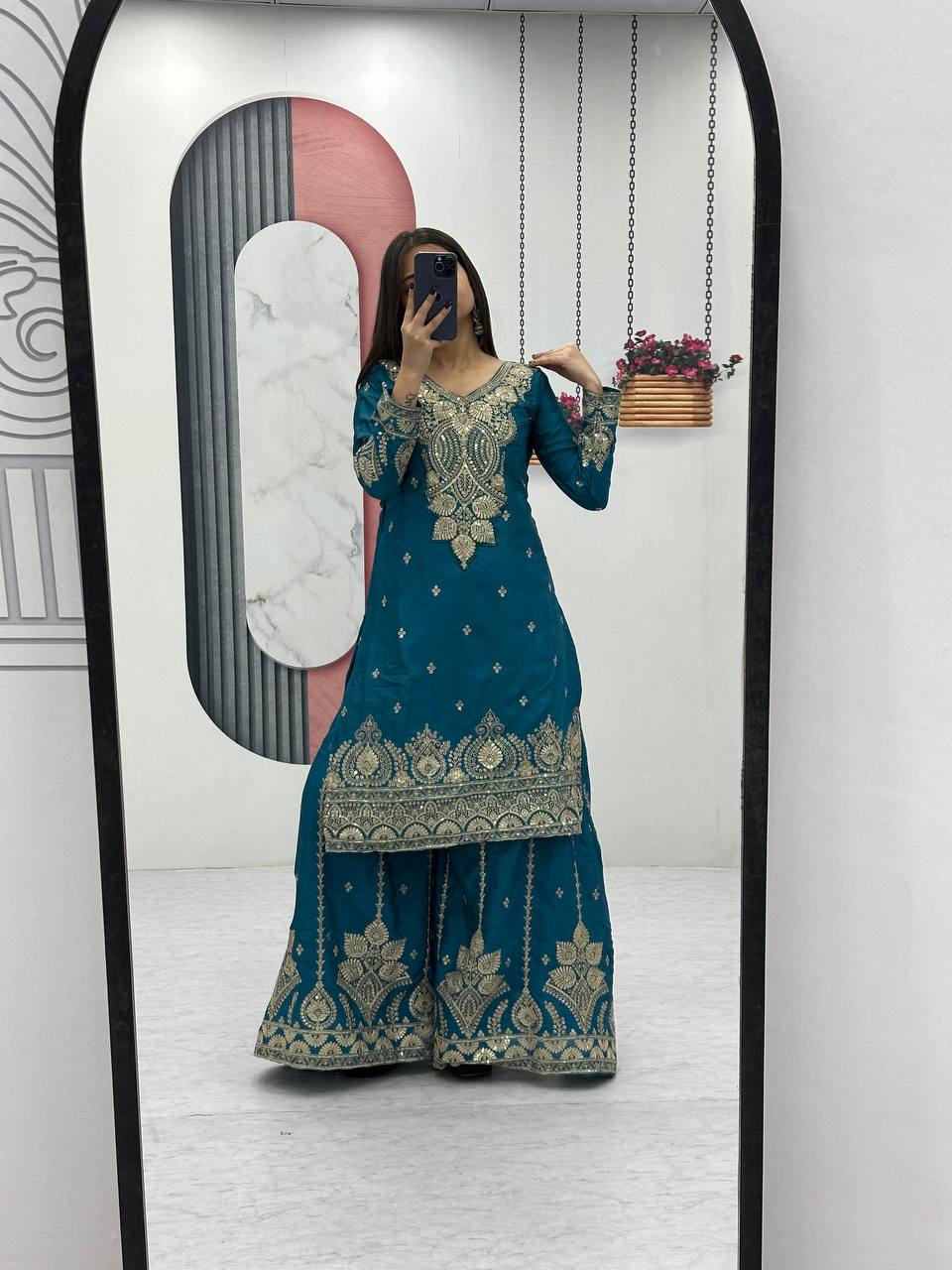 Occasion Wear Teal Color Chinon Heavy Embroidery Thread And Sequence WorkPalazzo Suit