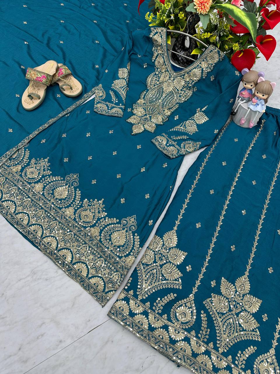 Occasion Wear Teal Color Chinon Heavy Embroidery Thread And Sequence WorkPalazzo Suit