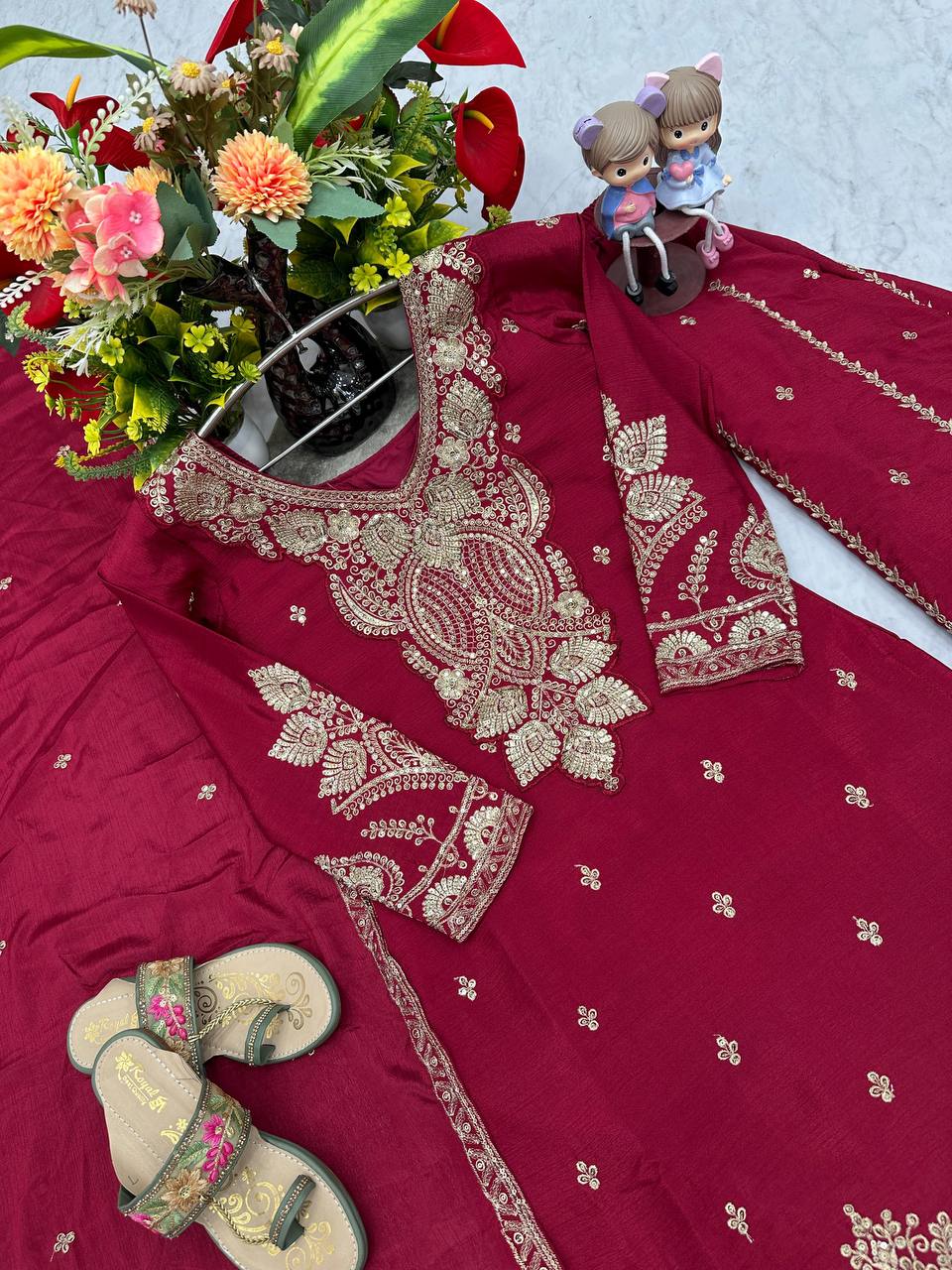 Wedding Wear Maroon Color Chinon Heavy Embroidery Thread And Sequence WorkPalazzo Suit