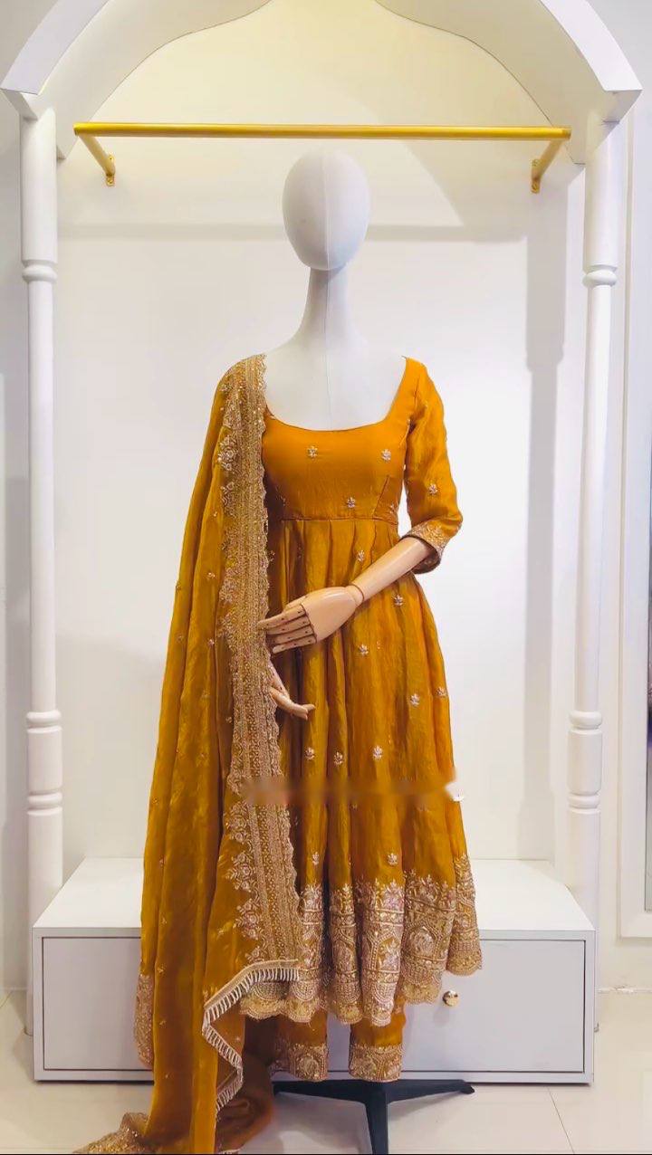 Fantastic Haldi Wear Yellow Color Pure Zimmy Cho Silk With Heavy Embroidery Sequence Work Anarkali Suit