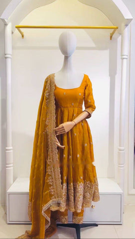 Fantastic Haldi Wear Yellow Color Pure Zimmy Cho Silk With Heavy Embroidery Sequence Work Anarkali Suit