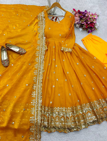 Fantastic Haldi Wear Yellow Color Pure Zimmy Cho Silk With Heavy Embroidery Sequence Work Anarkali Suit