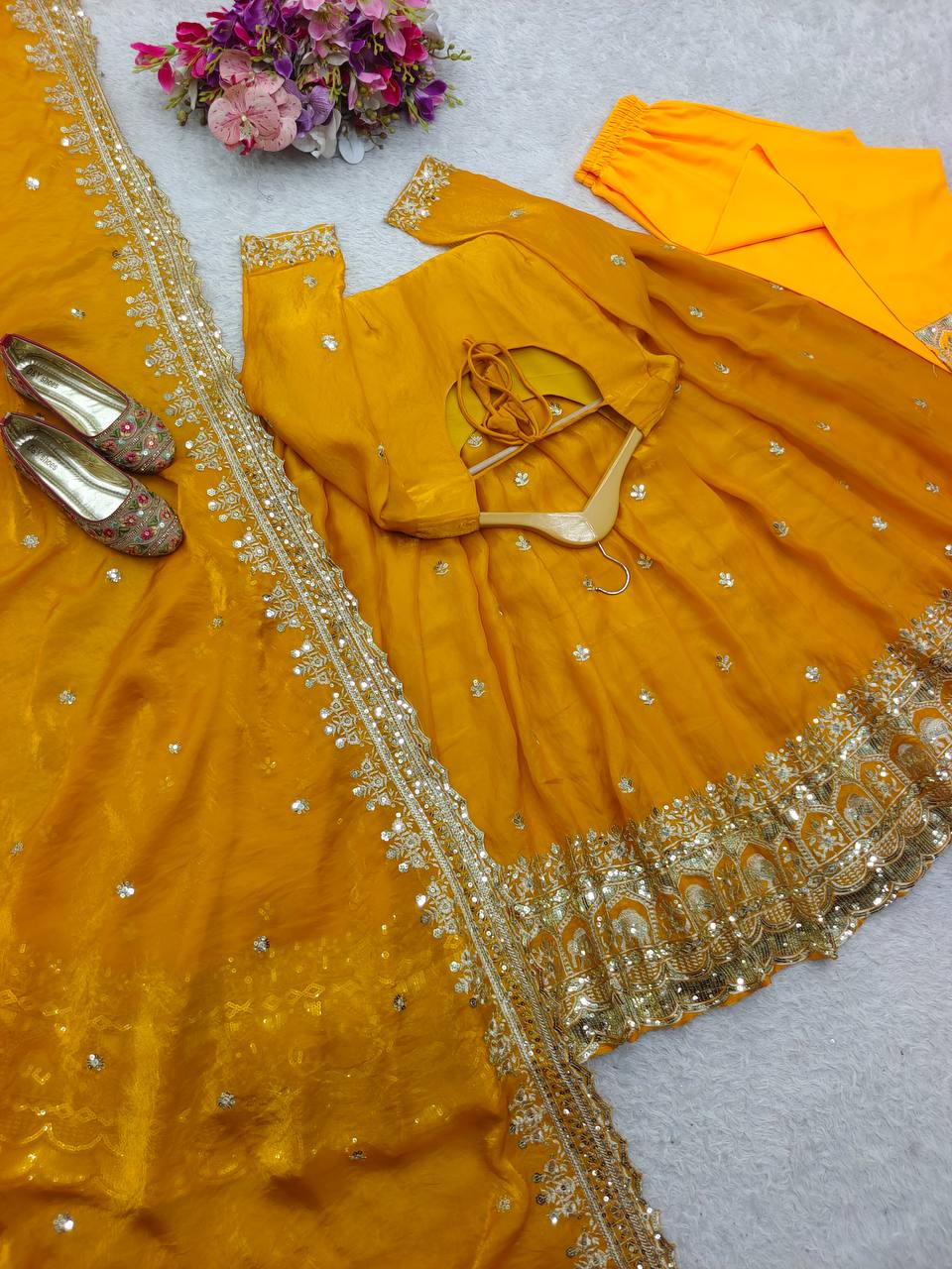 Fantastic Haldi Wear Yellow Color Pure Zimmy Cho Silk With Heavy Embroidery Sequence Work Anarkali Suit