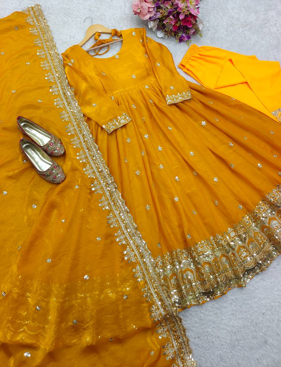Fantastic Haldi Wear Yellow Color Pure Zimmy Cho Silk With Heavy Embroidery Sequence Work Anarkali Suit