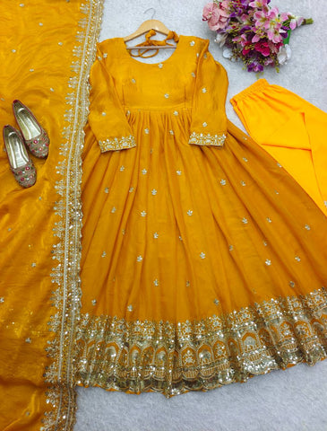 Fantastic Haldi Wear Yellow Color Pure Zimmy Cho Silk With Heavy Embroidery Sequence Work Anarkali Suit