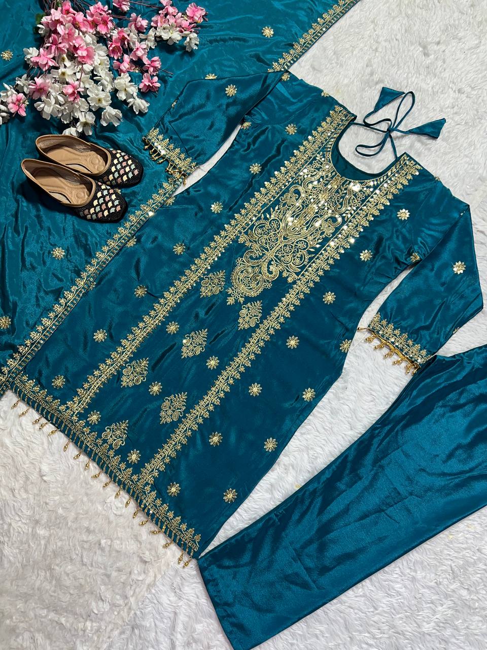 Marvelous Teal Color Pure Chinon Silk With Embroidery Sequence Work Salwar Suit
