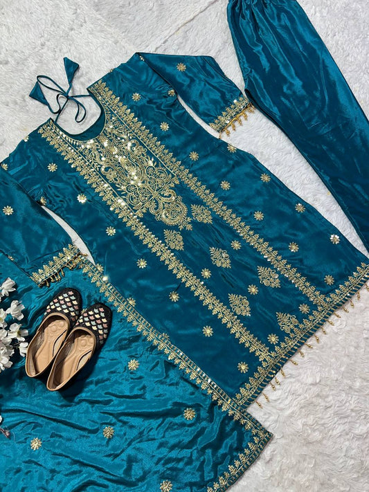 Marvelous Teal Color Pure Chinon Silk With Embroidery Sequence Work Salwar Suit