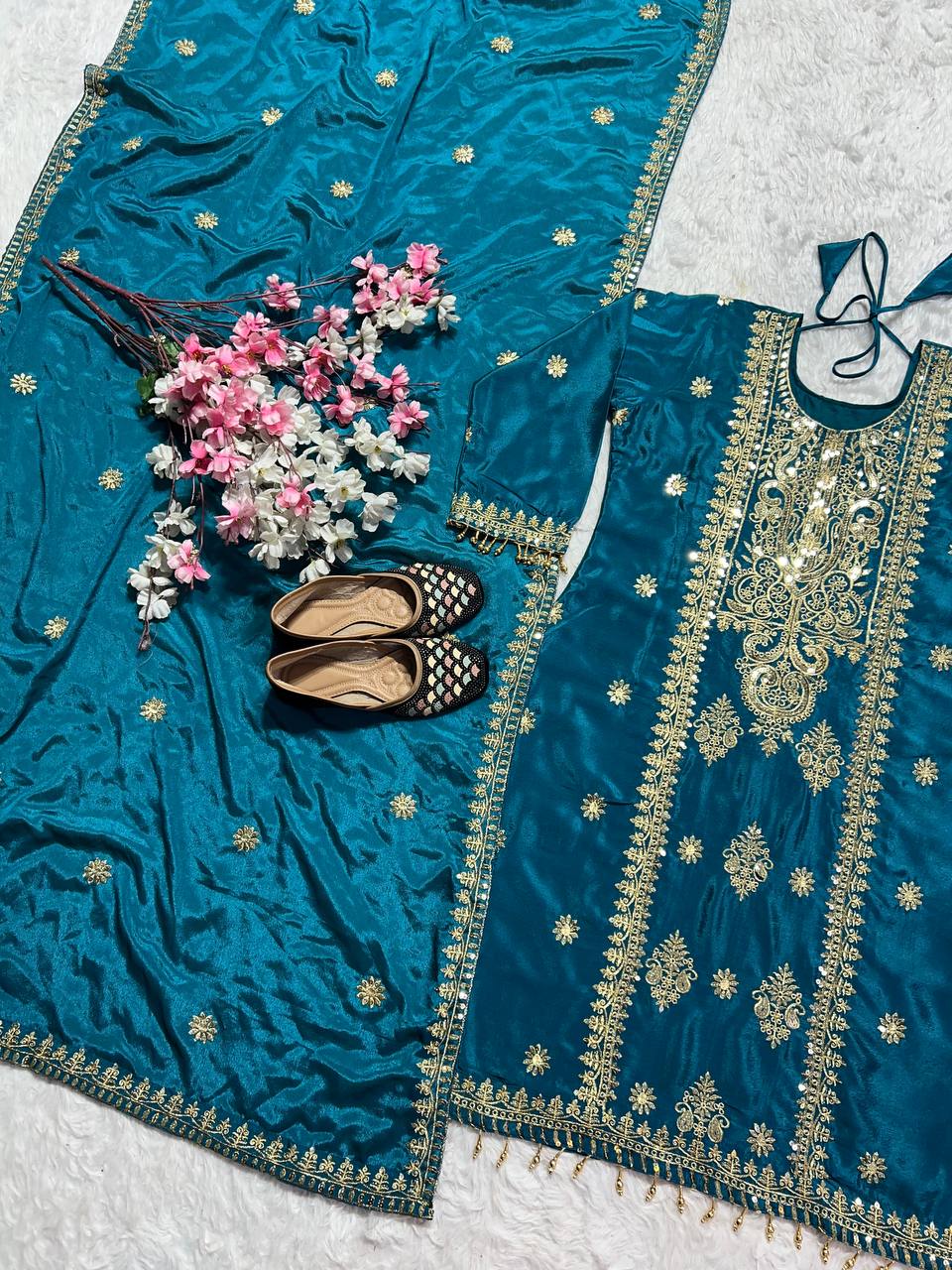 Marvelous Teal Color Pure Chinon Silk With Embroidery Sequence Work Salwar Suit