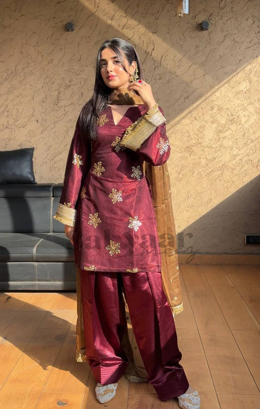 Wedding Wear Maroon Color Natural Crepe Silk Beautiful Patiyala Salwar Suit