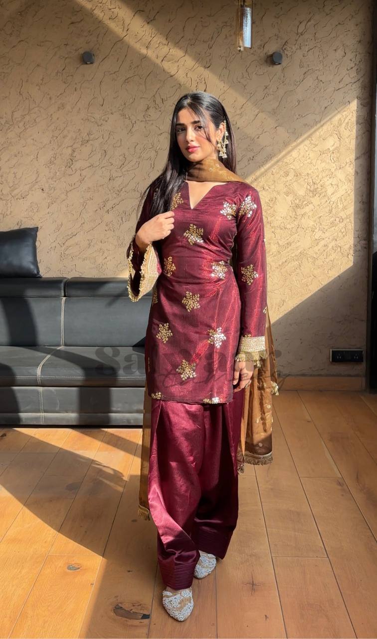 Wedding Wear Maroon Color Natural Crepe Silk Beautiful Patiyala Salwar Suit
