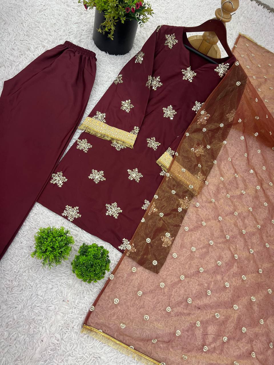Wedding Wear Maroon Color Natural Crepe Silk Beautiful Patiyala Salwar Suit