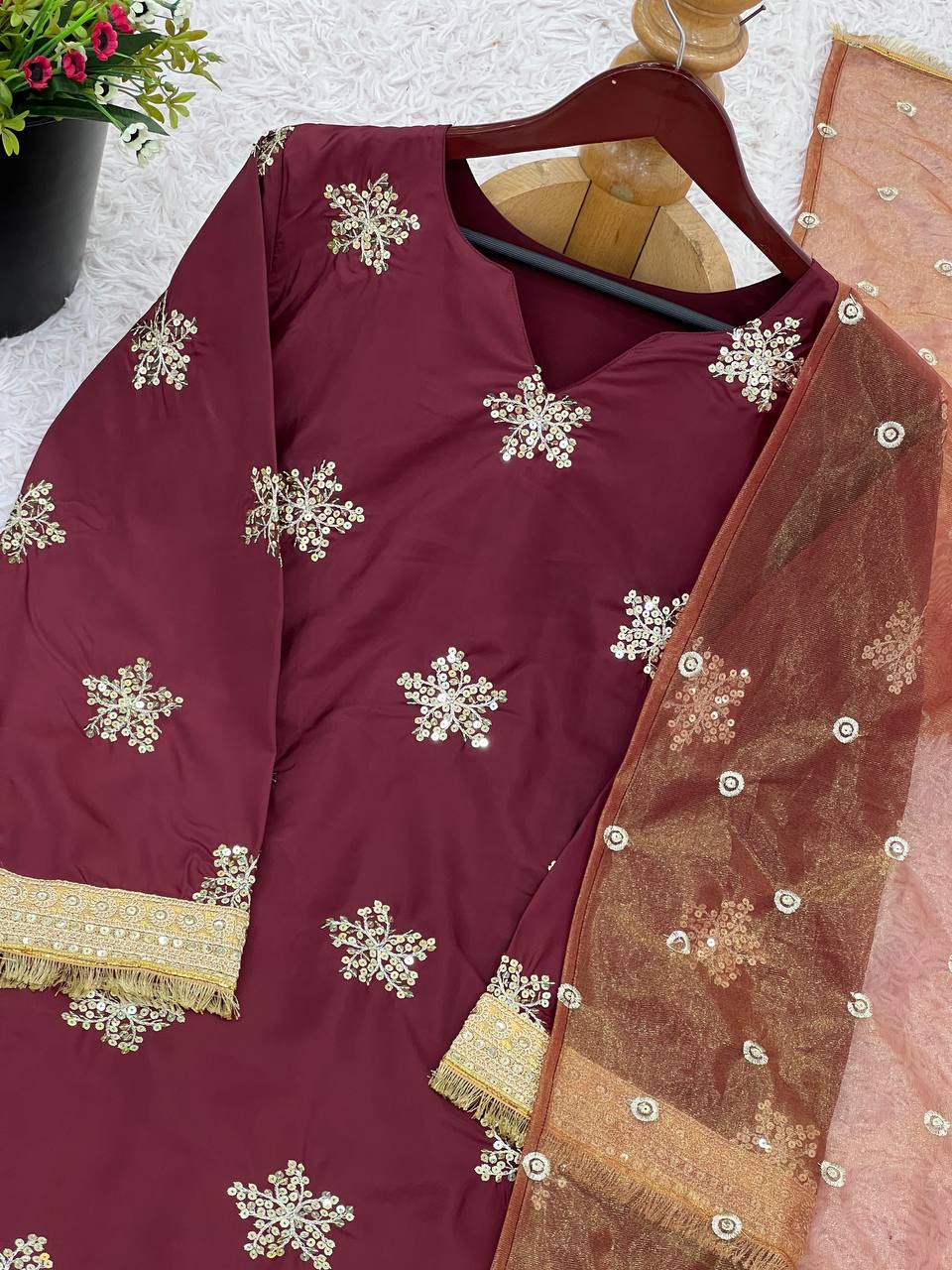 Wedding Wear Maroon Color Natural Crepe Silk Beautiful Patiyala Salwar Suit