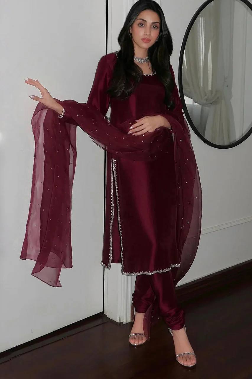 Graceful Maroon Color Pure jimmy choo Silk With Embroidery Sequence Work Kurta Set