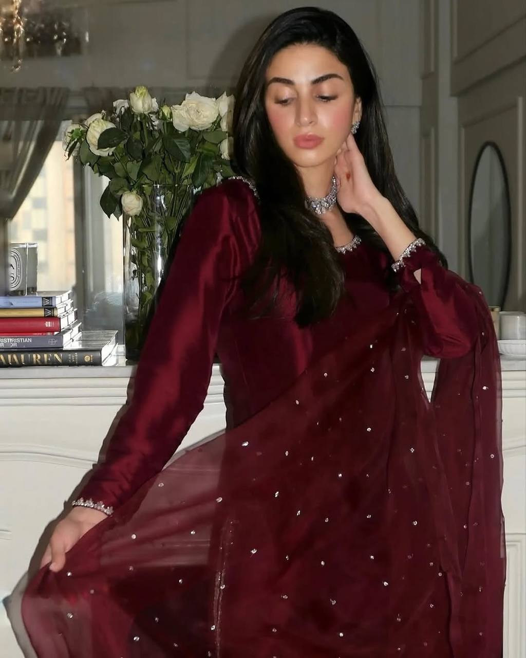 Graceful Maroon Color Pure jimmy choo Silk With Embroidery Sequence Work Kurta Set