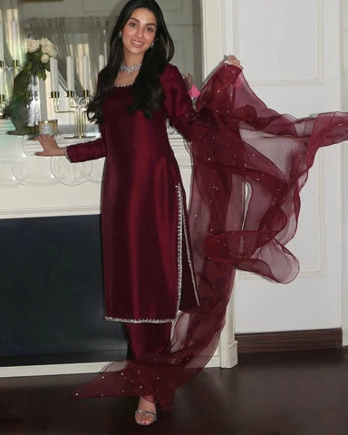 Graceful Maroon Color Pure jimmy choo Silk With Embroidery Sequence Work Kurta Set