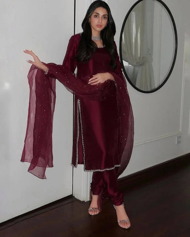 Graceful Maroon Color Pure jimmy choo Silk With Embroidery Sequence Work Kurta Set